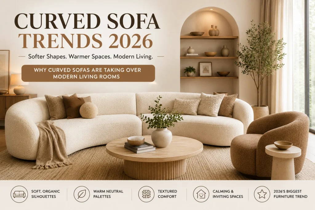 Curved sofa living room with warm neutral interiors, soft textures, and modern furniture trends for 2026c
