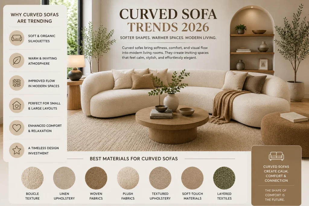 Curved sofa trends 2026 infographic with soft furniture shapes, warm neutral interiors, tactile textures, and cozy modern living room ideas