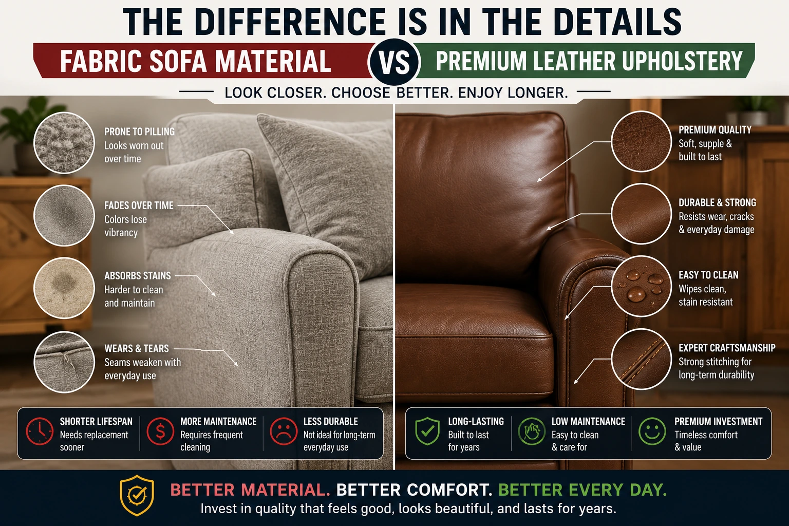 Close-up comparison of fabric sofa material and premium leather upholstery in a modern living room
