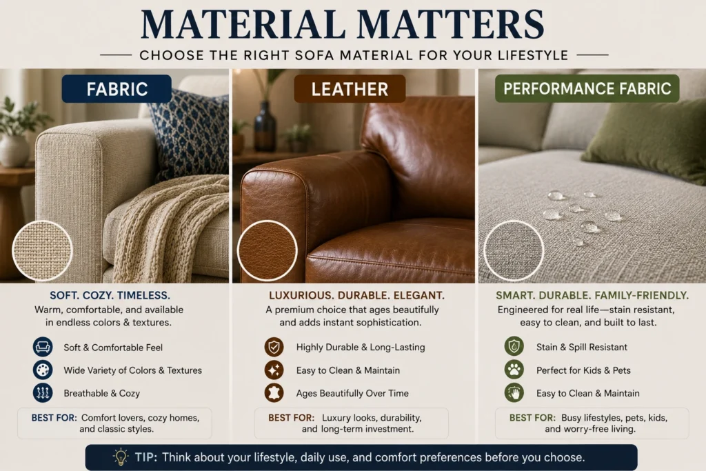Close-up comparison of fabric, leather, and performance fabric sofa materials for modern living rooms