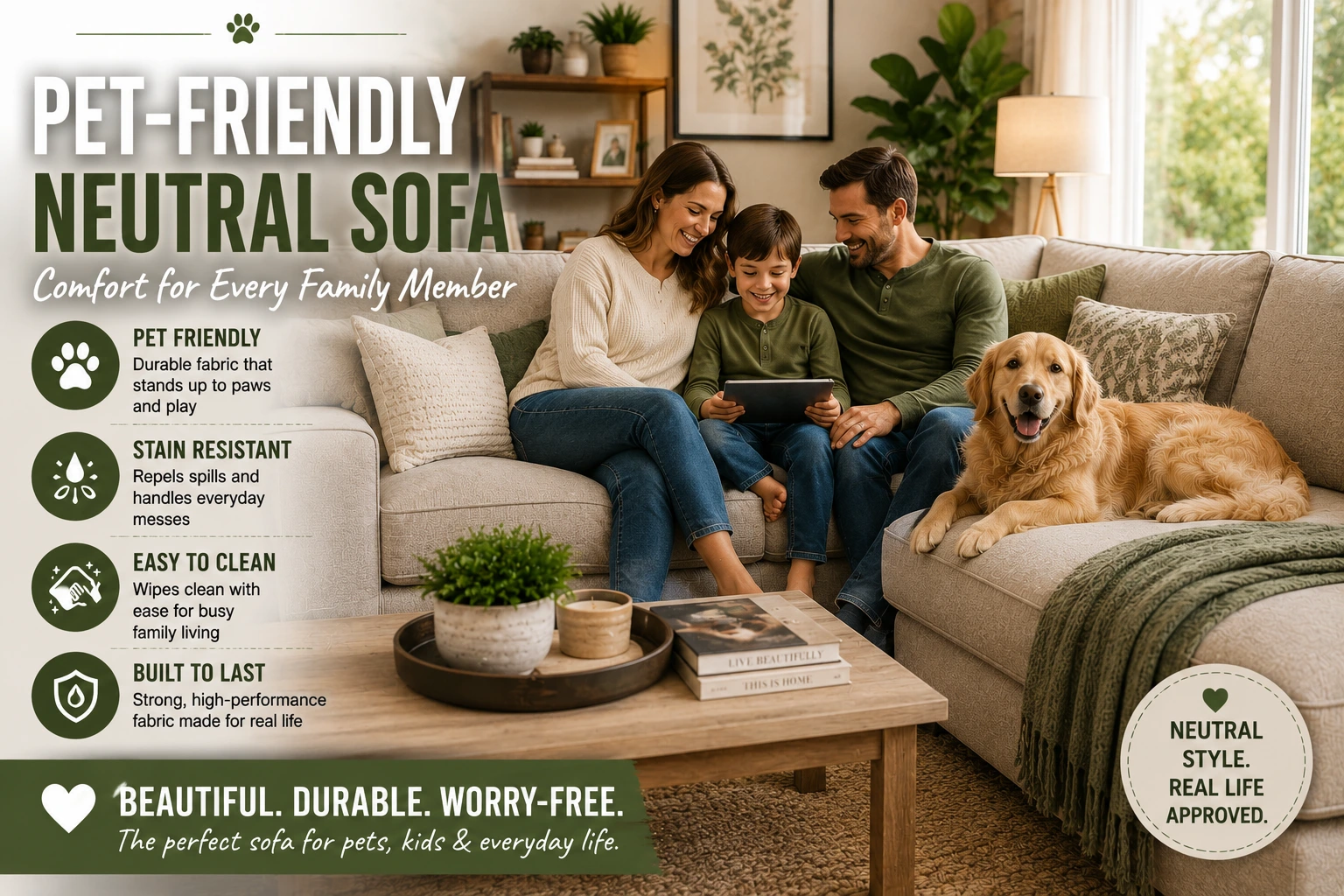 Best Family-Friendly Sofa Fabric for Pets and Kids Family relaxing with pets on a stain-resistant modern sectional sofa in a bright living room