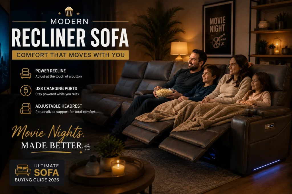 Family relaxing together on a cozy sectional sofa in a warm modern living room during evening time