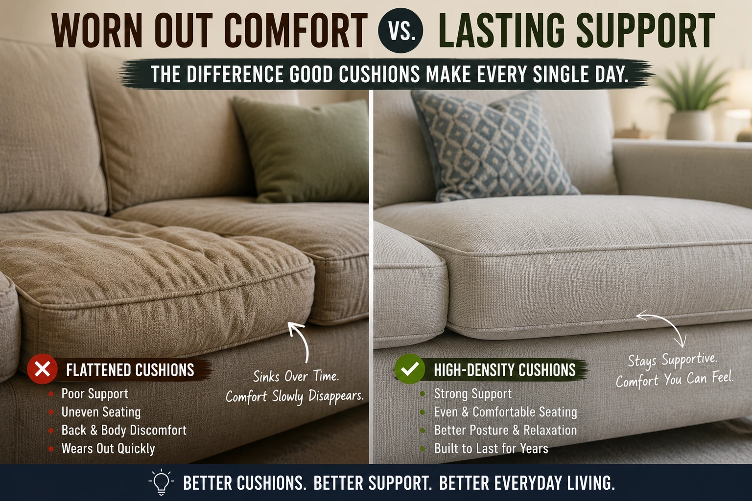 Close-up comparison of flattened sofa cushions and supportive high-density foam cushion