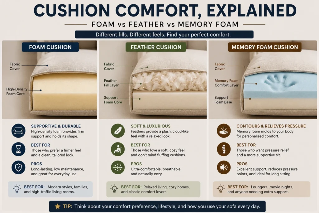 Layered cushion diagram comparing foam, feather, and memory foam sofa cushion fillings