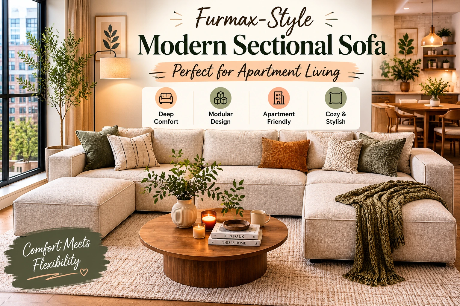 Modern Furmax-style sectional sofa in cozy apartment living room with deep seating comfort