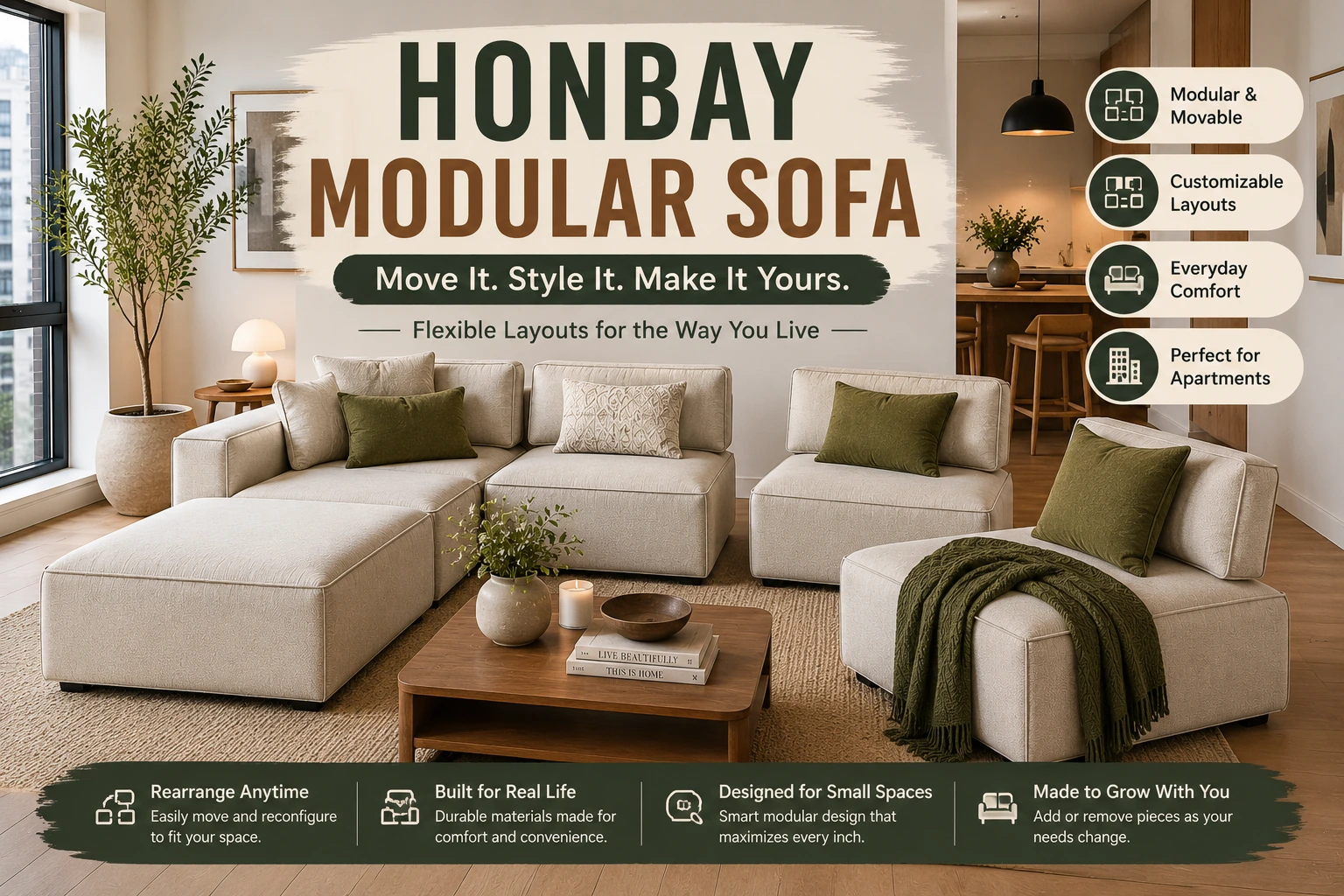 HONBAY modular sofa with movable seating sections in modern apartment living room