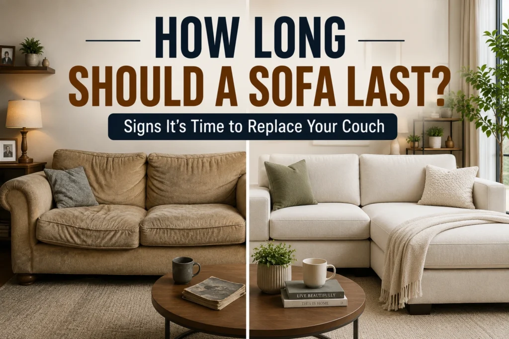 Side-by-side comparison of an old sagging sofa and a supportive modern sofa in a cozy family living room.