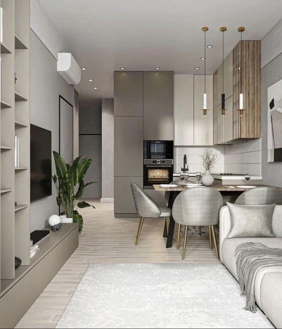 Modern small living room with layered lighting and bright open-concept apartment design