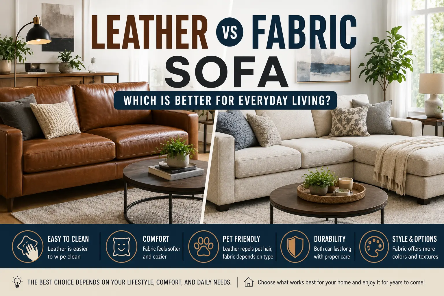 Modern leather sofa beside a cozy fabric sectional showing easy-clean and comfort comparison