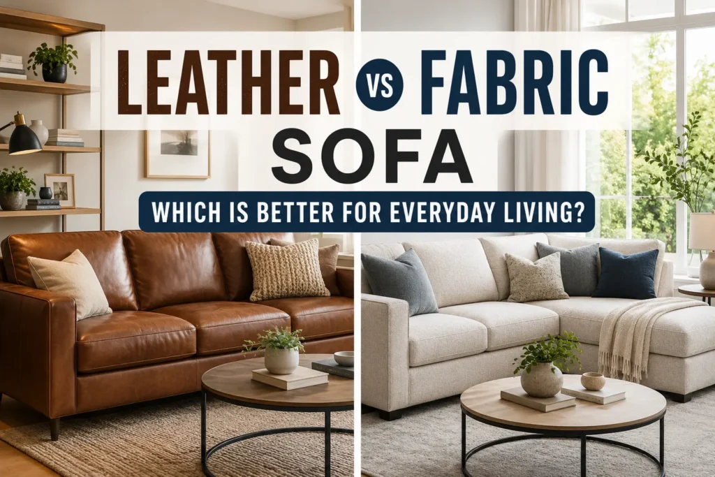 Modern leather sofa beside a cozy fabric sectional showing easy-clean and comfort comparison