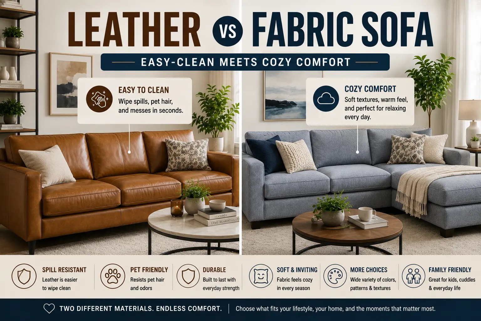 Modern leather sofa beside a cozy fabric sectional showing easy-clean and comfort comparison