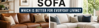 Modern leather sofa beside a cozy fabric sectional showing easy-clean and comfort comparison