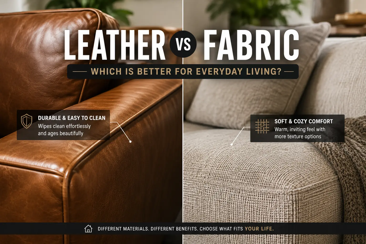 Close-up comparison of leather sofa texture and soft woven fabric upholstery in a modern living room