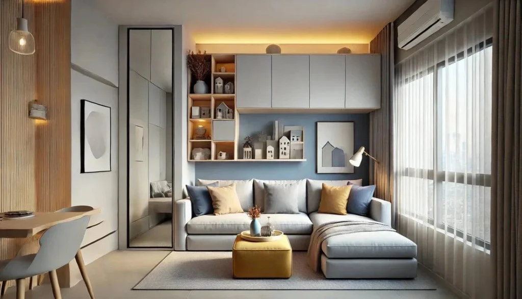 Light neutral sectional sofa in a modern small apartment living room with warm minimalist decor