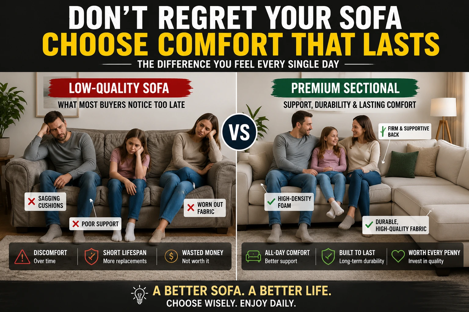 Family comparing a sagging low-quality sofa with a supportive premium sectional sofa in a modern living room