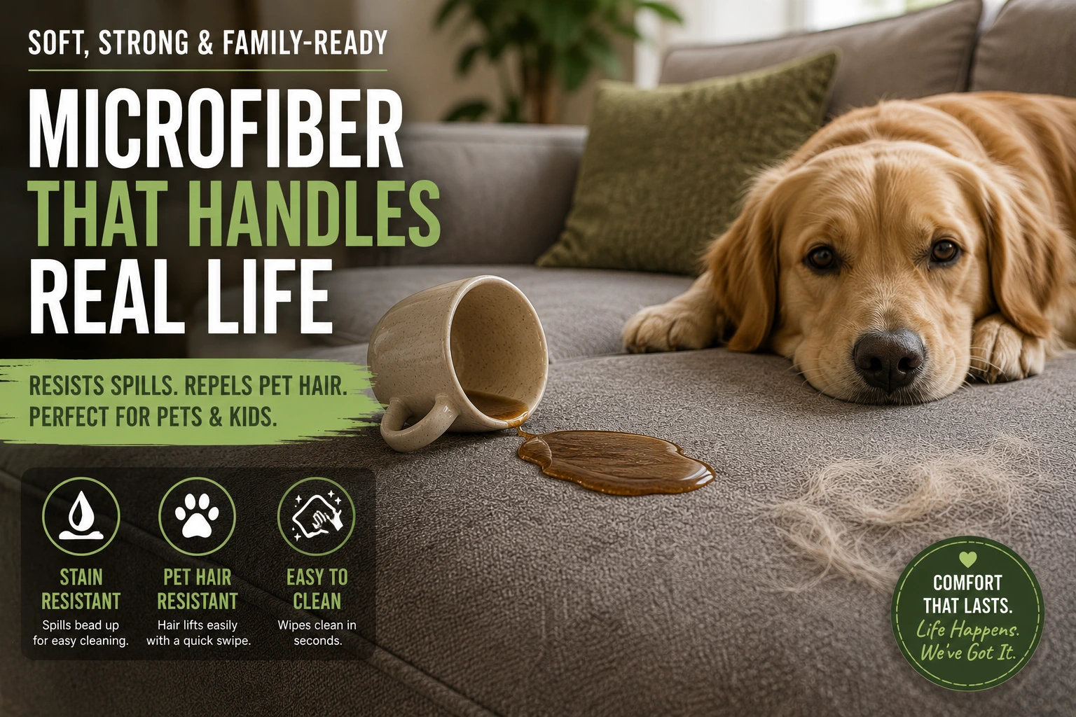 Microfiber Sofa Fabric for Pets and Kids Close-up of soft microfiber sofa fabric resisting spills and pet hair in a modern living room