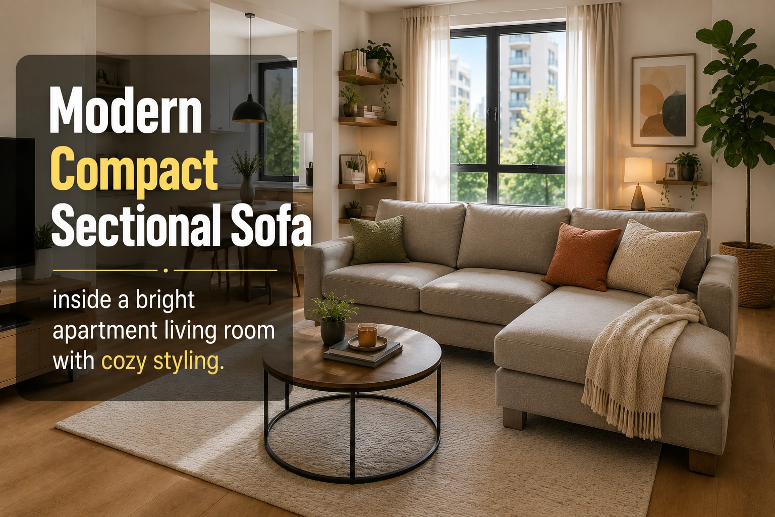 Modern compact sectional sofa inside a bright apartment living room with cozy styling

