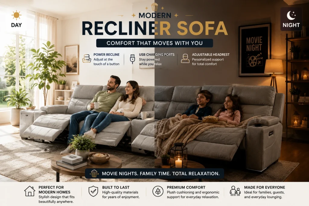 Modern recliner sofa with warm ambient lighting and cozy family movie night living room setup