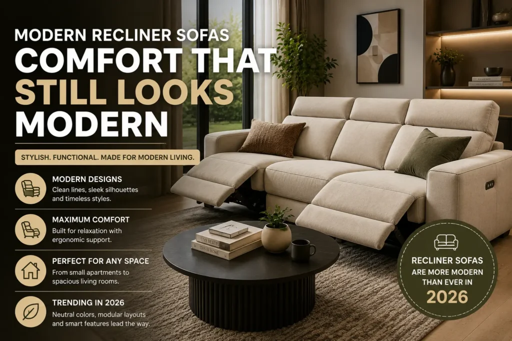 Modern beige recliner sofa in a stylish contemporary living room with minimalist interior design trends for 2026