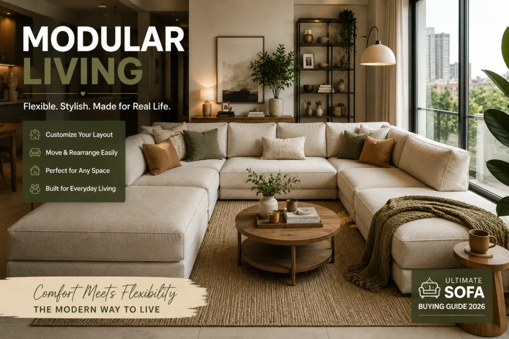 Modern U-shaped modular sofa in a bright apartment living room with cozy neutral decor and layered textures