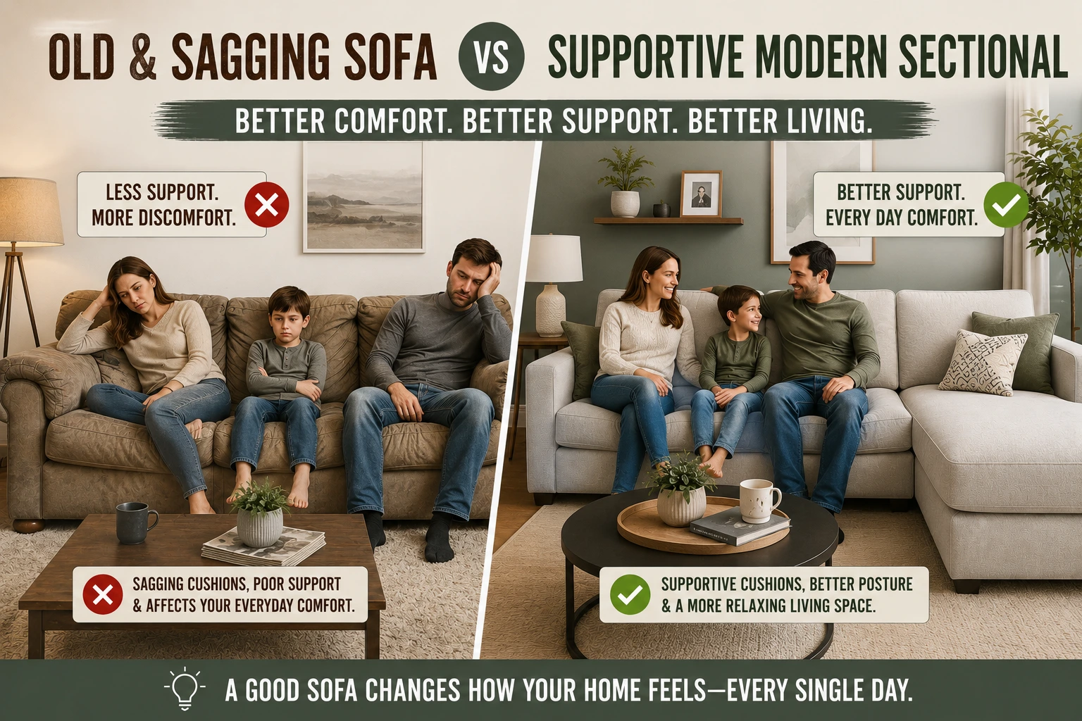 Family sitting on an old sagging sofa beside a supportive modern sectional in a cozy living room