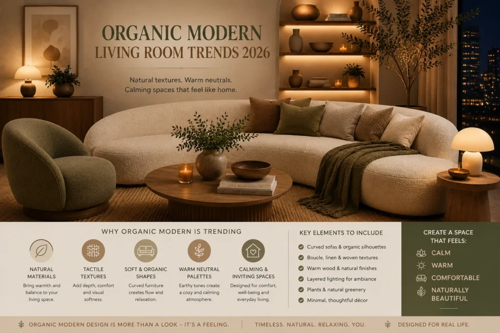 Organic modern living room infographic with warm night lighting, curved sofa, tactile textures, and calming natural interior trends for 2026.