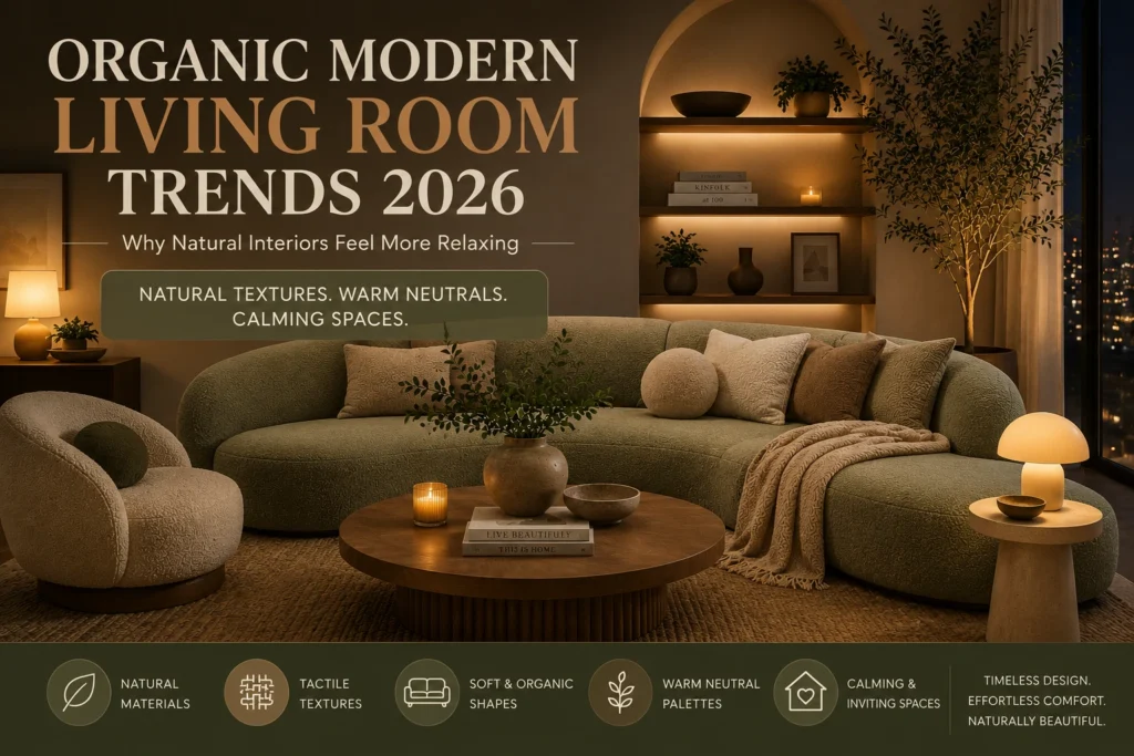 Organic modern living room with warm night lighting, curved sofa, natural textures, and calming interior trends for 2026