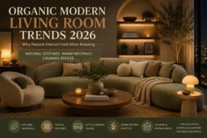 Organic modern living room with warm night lighting, curved sofa, natural textures, and calming interior trends for 2026