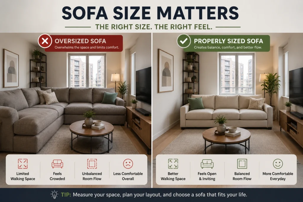 Side-by-side comparison of oversized sofa vs properly sized sofa in a small apartment living room