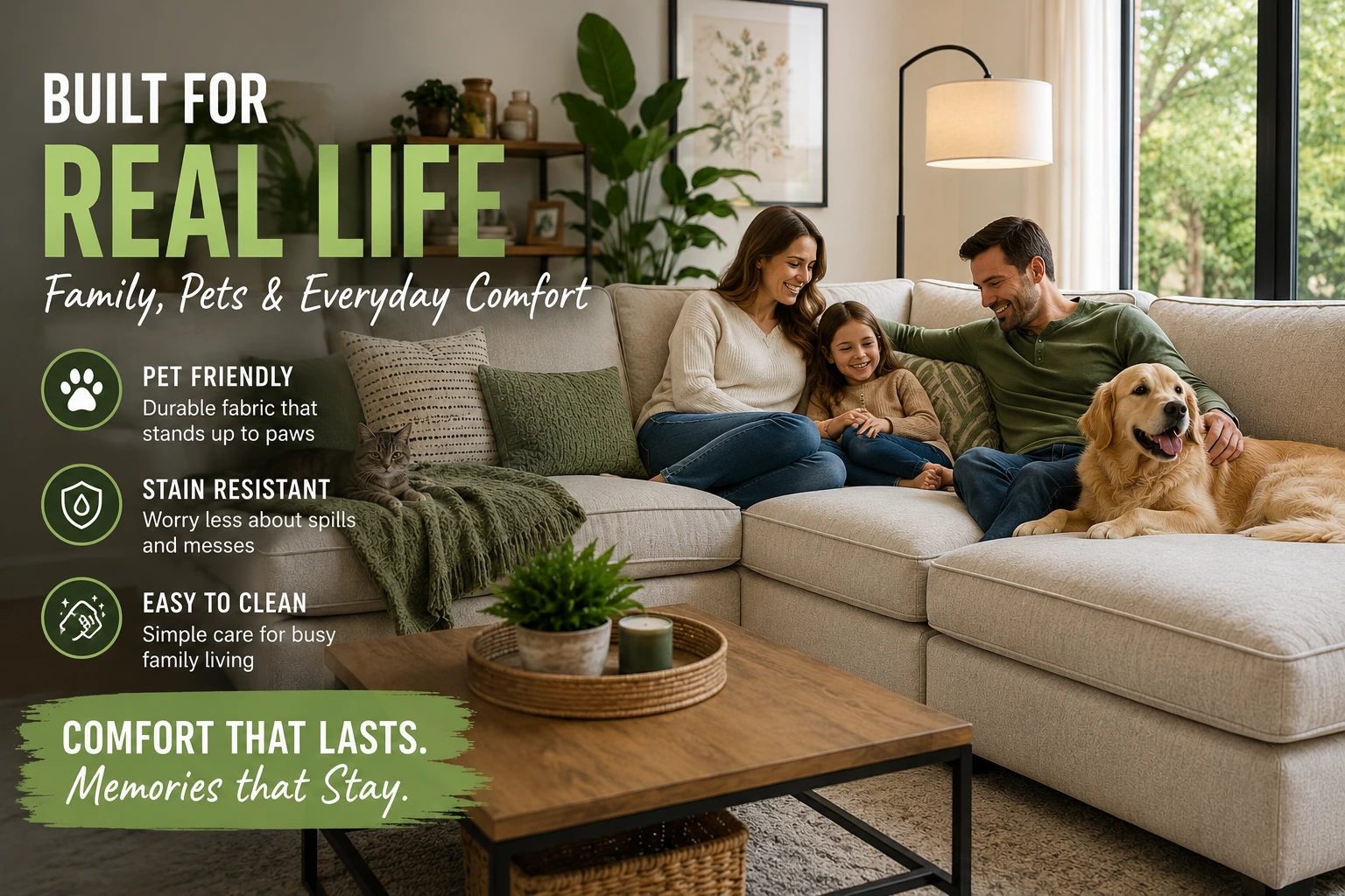 Pet-friendly neutral sectional sofa in a cozy modern family living room with kids and a dog