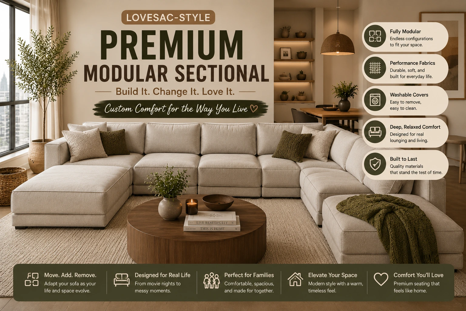 Premium modular sectional sofa in warm neutral apartment living room inspired by Lovesac-style layouts