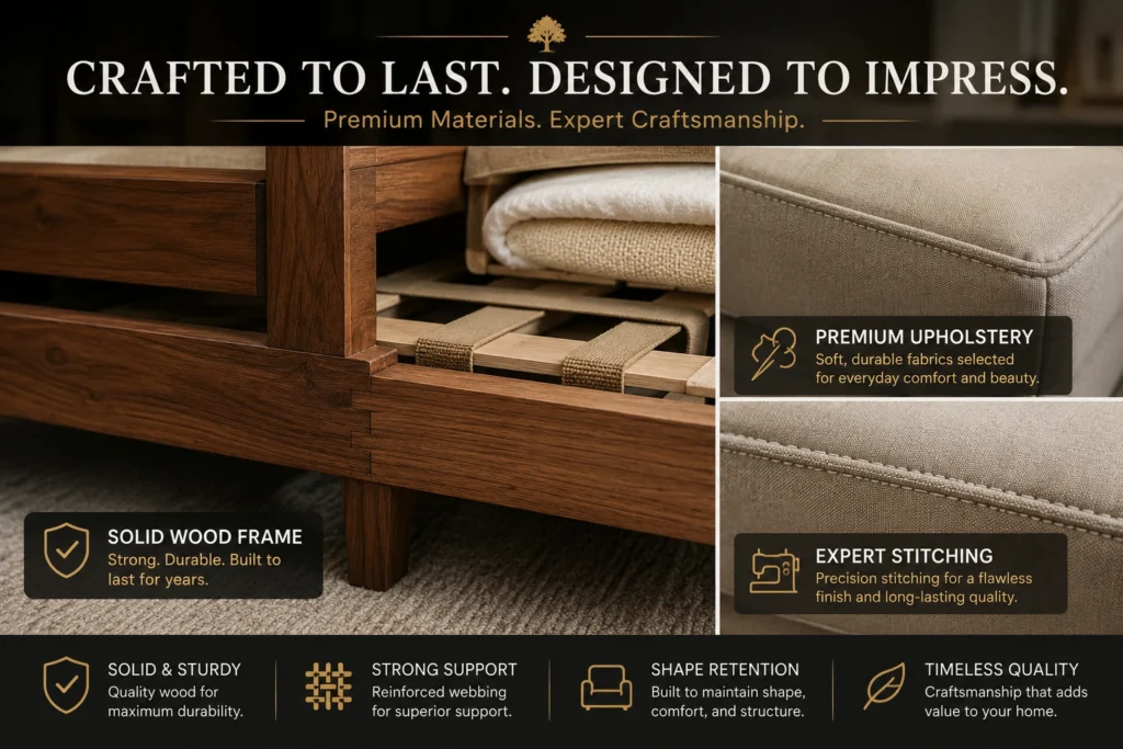 Close-up of premium solid wood sofa frame craftsmanship with durable upholstery stitching