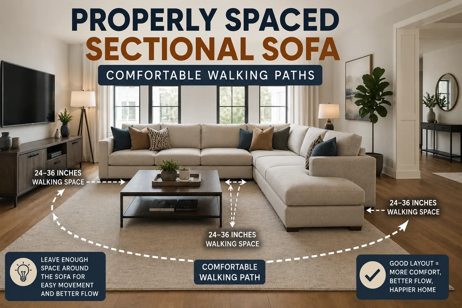 Modern living room with properly spaced sectional sofa and comfortable walking paths around furniture