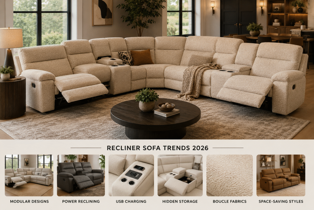 Modern recliner sofa living room with cozy neutral interior design and contemporary reclining sectional furniture trends for 2026
