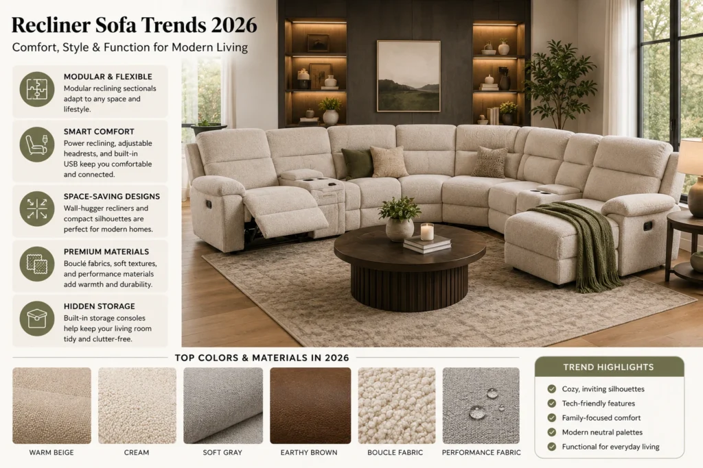 Recliner Sofa Trends 2026 Modern recliner sectional sofa in cozy neutral living room with contemporary furniture trends for 2026