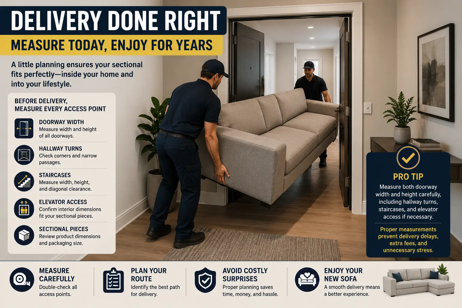 Delivery team moving a sectional sofa carefully through a doorway in a modern apartment
