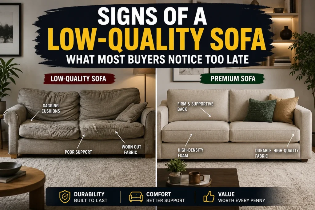 Side-by-side comparison of a sagging low-quality sofa and a premium supportive sofa in a modern living room