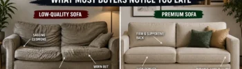 Side-by-side comparison of a sagging low-quality sofa and a premium supportive sofa in a modern living room