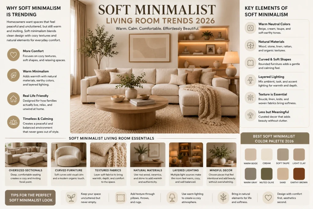 Soft minimalist living room infographic with warm neutral interiors, cozy textures, layered lighting, and calming furniture ideas for 2026.