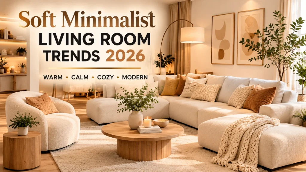 Soft minimalist living room with warm neutral furniture, cozy textures, layered lighting, and calming interior trends for 2026