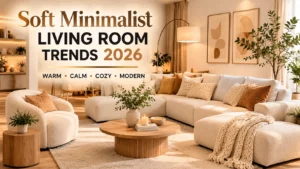 Soft minimalist living room with warm neutral furniture, cozy textures, layered lighting, and calming interior trends for 2026