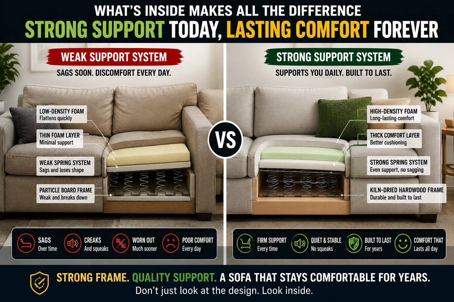 Cutaway comparison showing strong sofa spring support system versus weak sagging sofa support structure