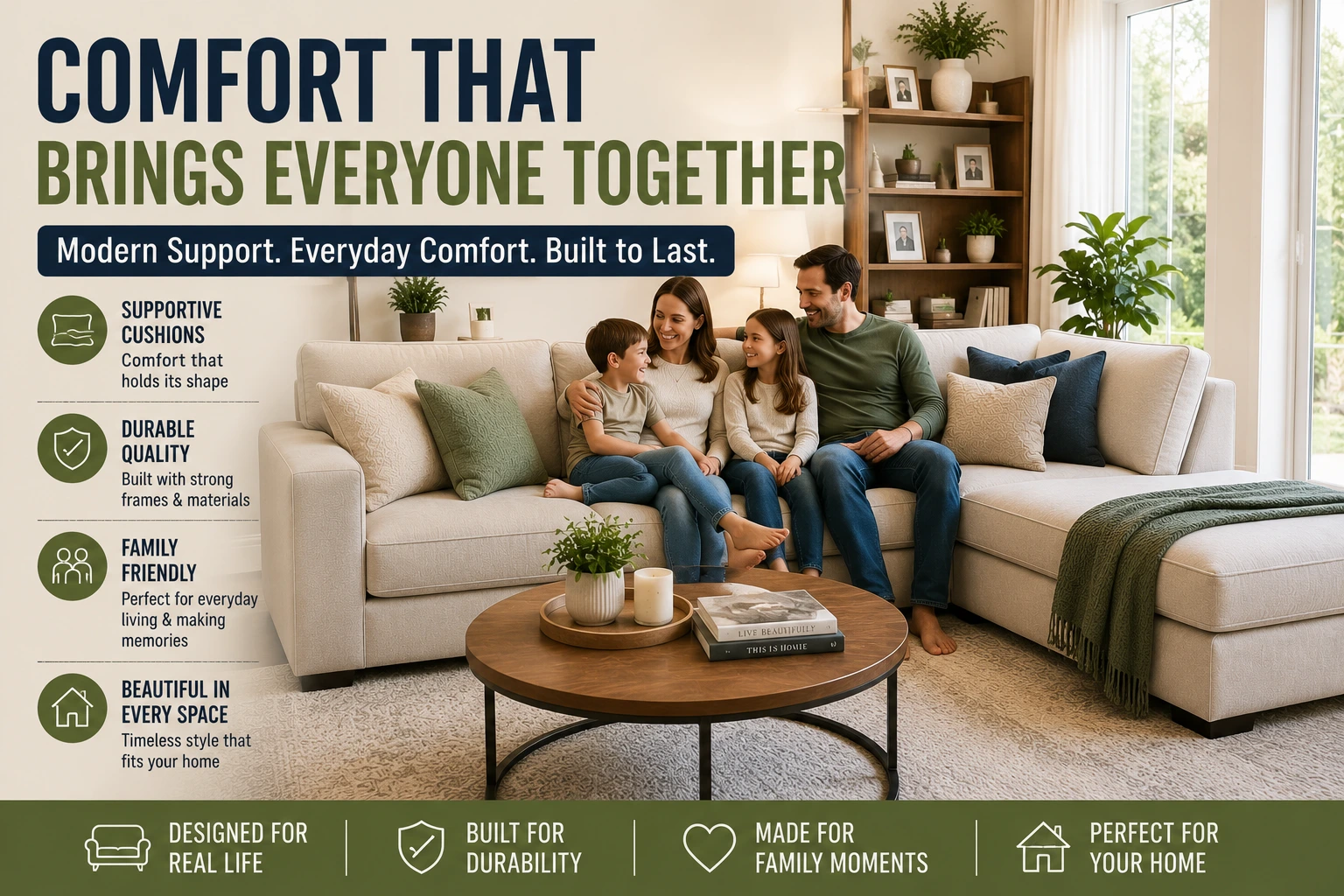 A bright modern family living room featuring a supportive sectional sofa designed for comfort, durability, and relaxed everyday living.