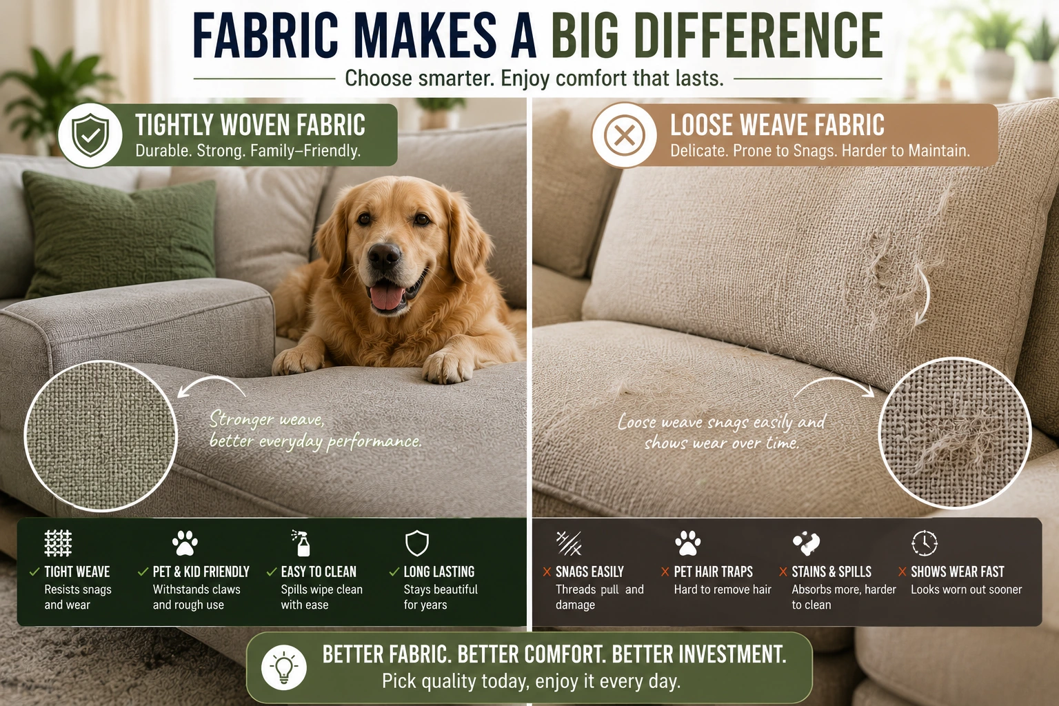 Comparison of durable tightly woven sofa fabric and delicate loose weave upholstery in a modern living room