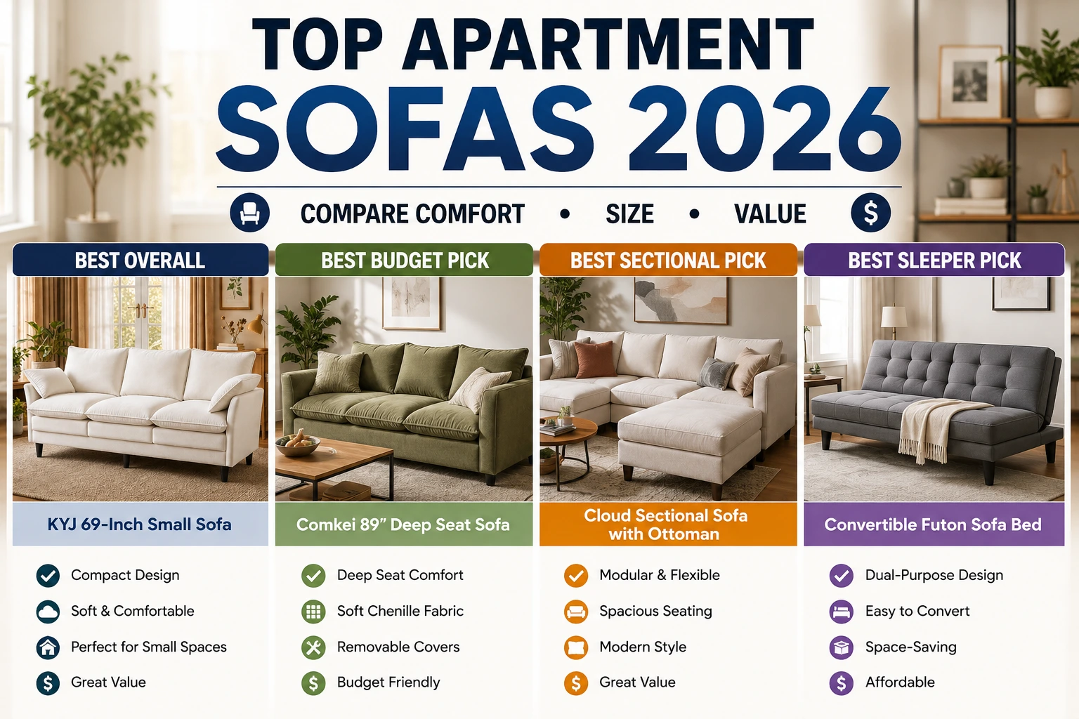 Compare the best apartment-friendly sofas based on comfort, dimensions, and value.