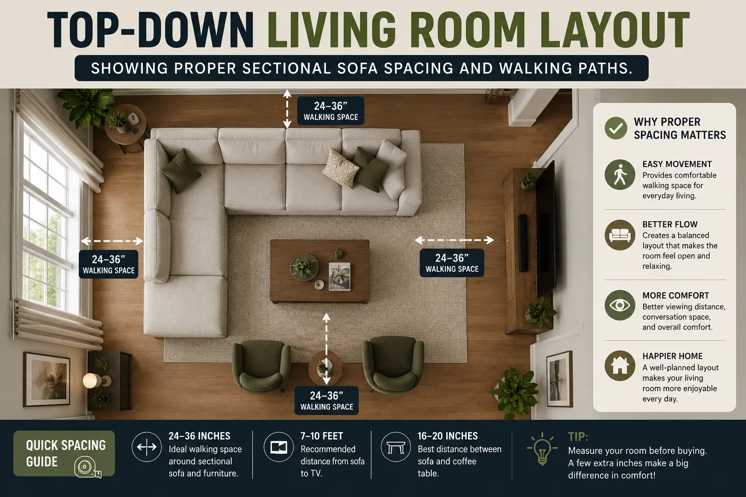 Top-down living room layout showing proper sectional sofa spacing and comfortable walking paths