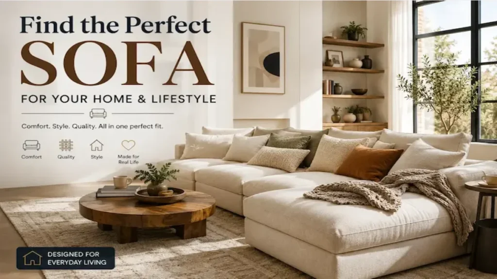 Find the perfect sofa guide — modern beige sectional sofa in a cozy living room with comfort, quality, and style icons