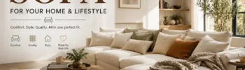 Modern modular sectional sofa in a bright cozy living room with warm neutral décor