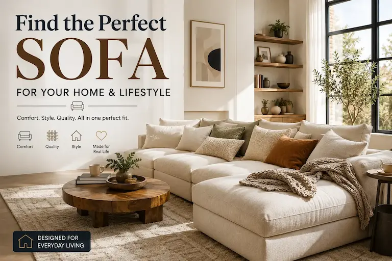 Modern modular sectional sofa in a bright cozy living room with warm neutral décor