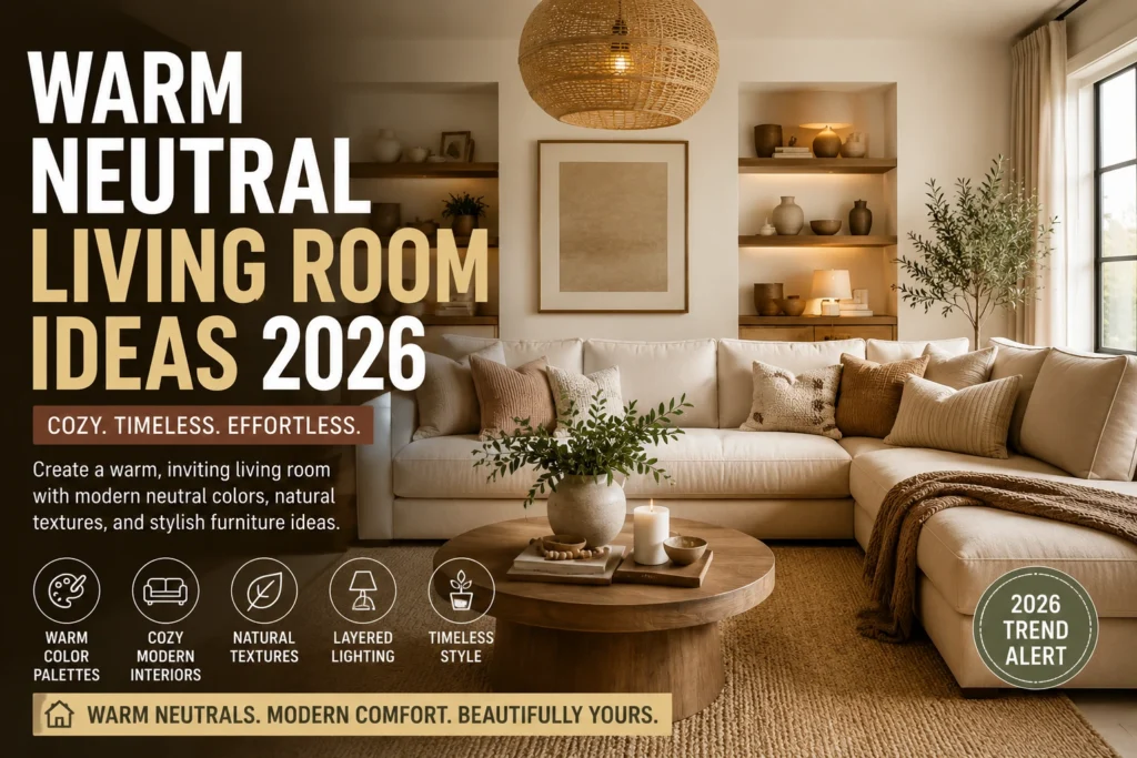 Warm neutral living room with beige sectional sofa, layered textures, and cozy modern interior design trends for 2026